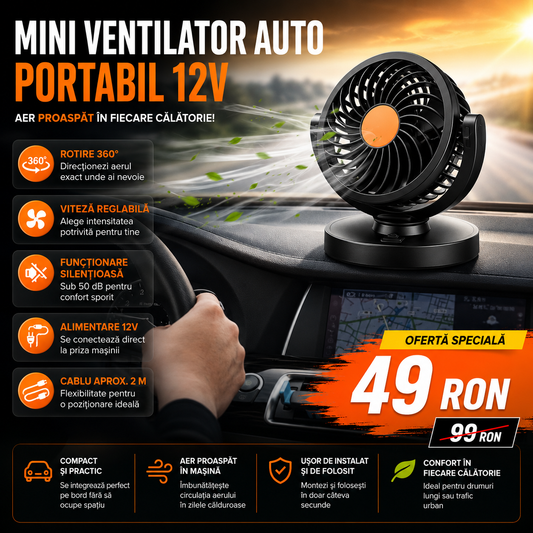 Mini Ventilator Auto Portabil 12V, Rotire 360°, Viteză Reglabilă, 6W, Montare pe Bord, Cablu 2 m