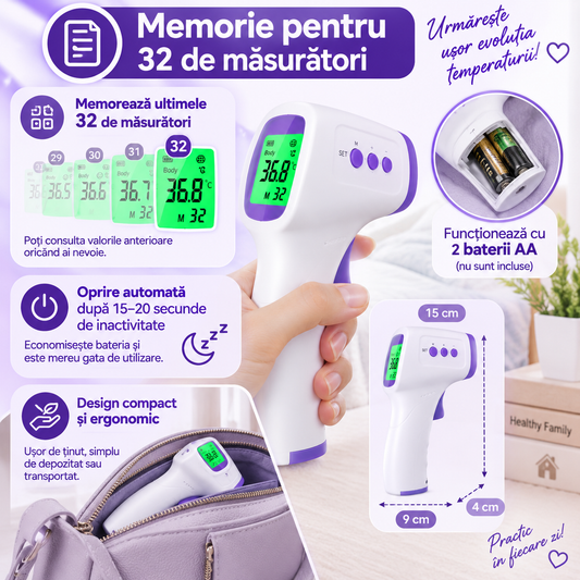 Ofertă 1+1 GRATIS Termometru Digital cu Infraroșu pentru Frunte, Măsurare Rapidă, Memorie 32 măsurători, 15 × 9 × 4 cm, Alb