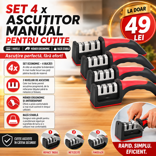 Set 4 x Ascuțitor Manual pentru Cuțite, 3 Nivele, Mâner Ergonomic, Bază Stabilă, 21 × 5 cm
