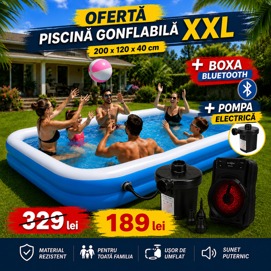 SUPER OFERTA - PISCINA GONFLABILA XXL 200x120x40CM + POMPA ELECTRICA + BOXA