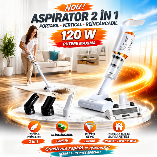 Aspirator de mana, vertical, 2 in 1, portabil, reîncărcabil, 120 W