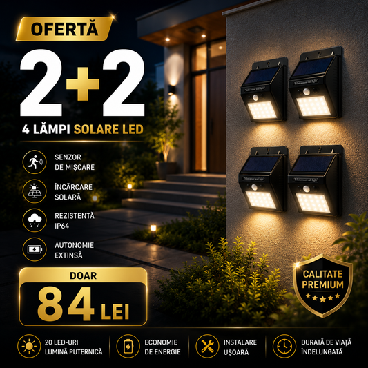 OFERTĂ 1+1 – Lampă Solară LED cu Senzor MotionLight Compact, 20 LED, 6500K, IP64, Negru