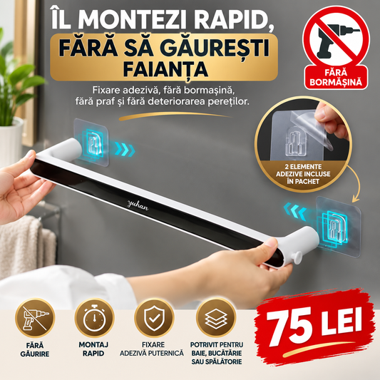 Suport Prosop pentru Baie, Montaj Fără Găurire, Fixare Adezivă, 38,5 cm, Negru/Gri