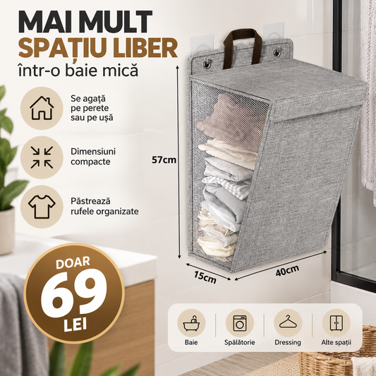 Coș de Rufe Suspendat și Pliabil, Montaj Fără Găurire, 57 × 40 × 15 cm, Gri