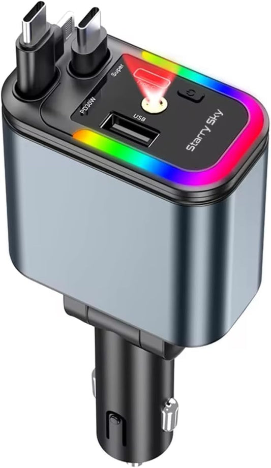 Încărcător Auto 5 în 1 cu Proiector Starlight – 120W, Cabluri Retractabile Type-C & Lightning, USB + USB-C