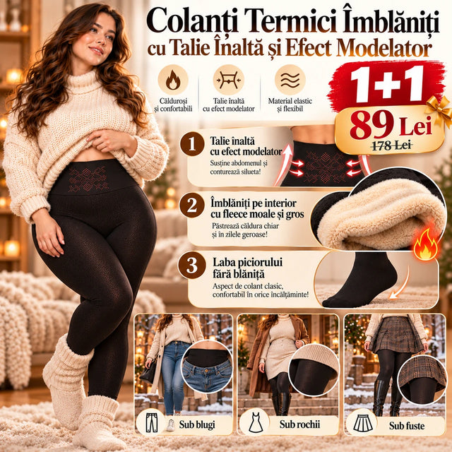 OFERTĂ 1+1 GRATIS – Colanți Termici Îmblăniți 1800D cu Burtieră și Efect Modelator, Mărime Universală până la XXXL