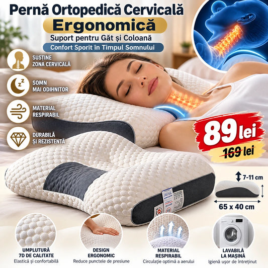 Pernă Ortopedică Cervicală Ergonomică – Suport pentru Gât și Coloană, Confort Sporit în Timpul Somnului, 65x40 cm