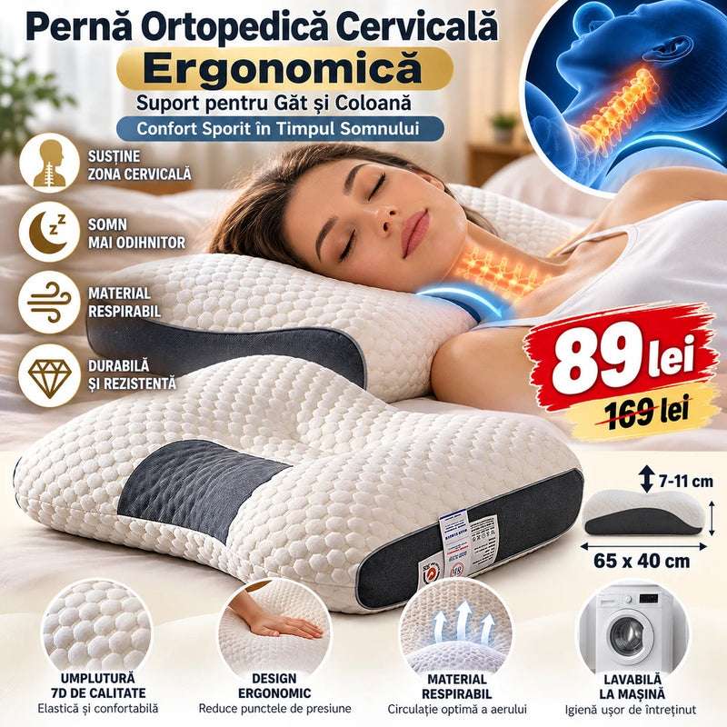 Pernă Ortopedică Cervicală Ergonomică – Suport pentru Gât și Coloană, Confort Sporit în Timpul Somnului, 65x40 cm
