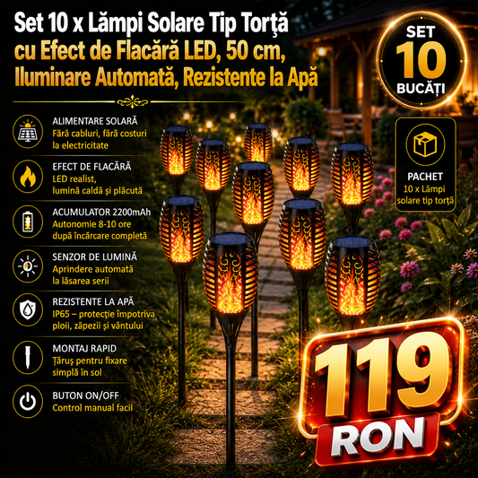 Set 10 x Lămpi Solare Tip Torță cu Efect de Flacără LED, 50 cm, Iluminare Automată, Rezistente la Apă