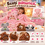 Animăluț de Pluș 2-în-1 cu Păturică Ascunsă 100×200 cm – 5 Modele Adorabile