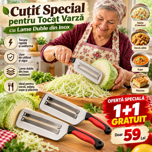 OFERTĂ 1+1 GRATUIT – Cuțit Special din Inox pentru Tocat Varză, cu Lame Duble – Rapid, Practic și Ușor de Folosit!
