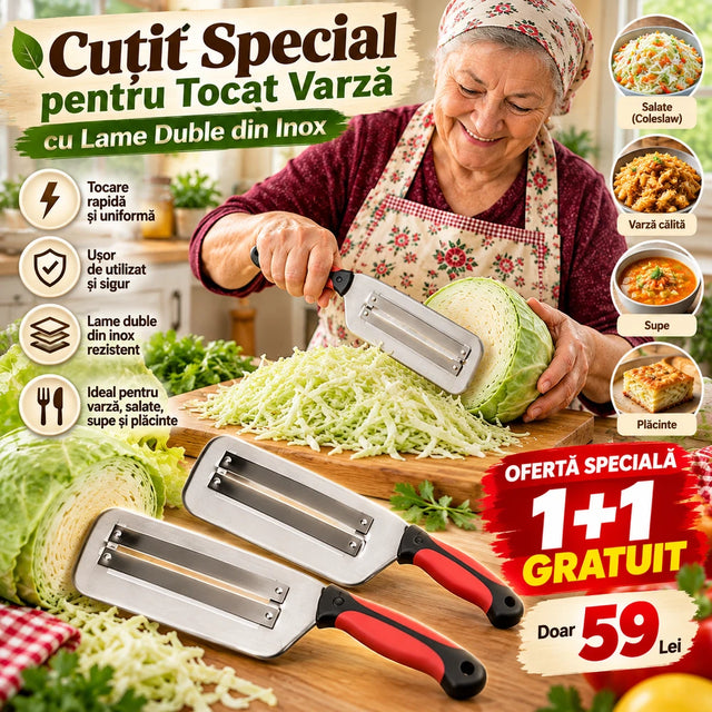 OFERTĂ 1+1 GRATUIT – Cuțit Special din Inox pentru Tocat Varză, cu Lame Duble – Rapid, Practic și Ușor de Folosit!