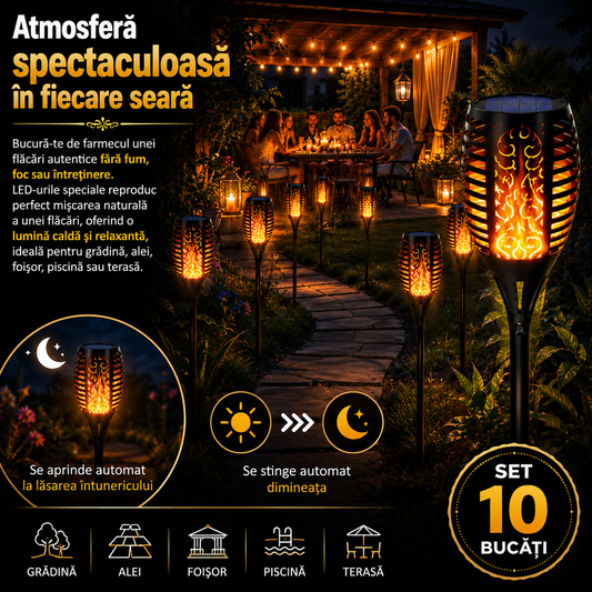 Set 10 x Lămpi Solare Tip Torță cu Efect de Flacără LED, 50 cm, Iluminare Automată, Rezistente la Apă