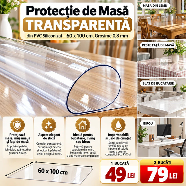 Protecție de Masă Transparentă din PVC Siliconizat – 60 x 100 cm, Grosime 0,8 mm, Impermeabilă și Ușor de Curățat