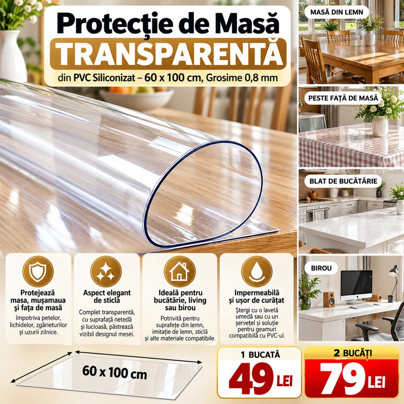 Protecție de Masă Transparentă din PVC Siliconizat – 60 x 100 cm, Grosime 0,8 mm, Impermeabilă și Ușor de Curățat