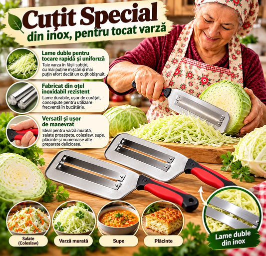 OFERTĂ 1+1 GRATUIT – Cuțit Special din Inox pentru Tocat Varză, cu Lame Duble – Rapid, Practic și Ușor de Folosit!