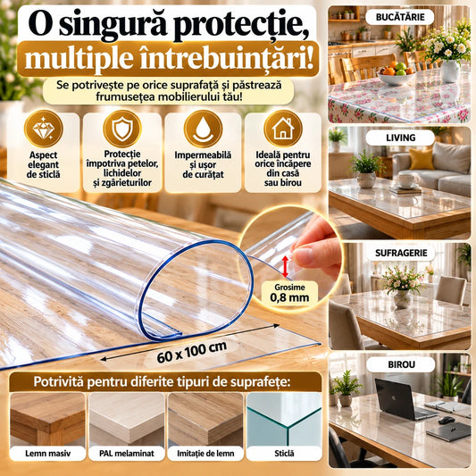 Protecție de Masă Transparentă din PVC Siliconizat – 60 x 100 cm, Grosime 0,8 mm, Impermeabilă și Ușor de Curățat