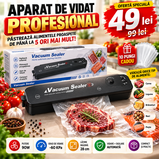 Aparat de Vidat Profesional 90W, Vacuum -60 kPa, Vidare și Sigilare Automată + 10 Pungi Cadou