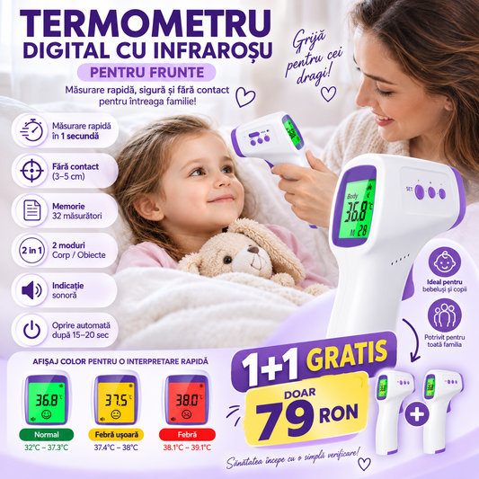 Ofertă 1+1 GRATIS Termometru Digital cu Infraroșu pentru Frunte, Măsurare Rapidă, Memorie 32 măsurători, 15 × 9 × 4 cm, Alb