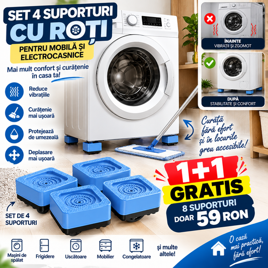 OFERTĂ 1+1 GRATIS Set 4 Suporturi cu Roți pentru Mobilă și Electrocasnice – Ridicare, Deplasare Ușoară și Protecție