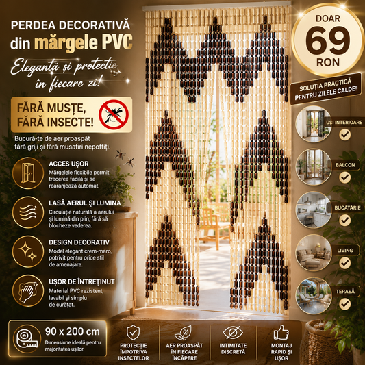 Perdea Decorativă din Mărgele PVC, cu Bara Perdea Usa Impotriva Insectelor, Inele din Plastic, 90x200 cm