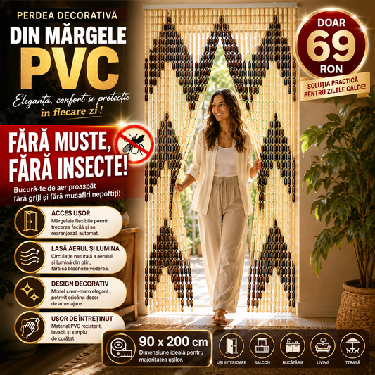 Perdea Decorativă din Mărgele PVC, cu Bara Perdea Usa Impotriva Insectelor, Inele din Plastic, 90x200 cm