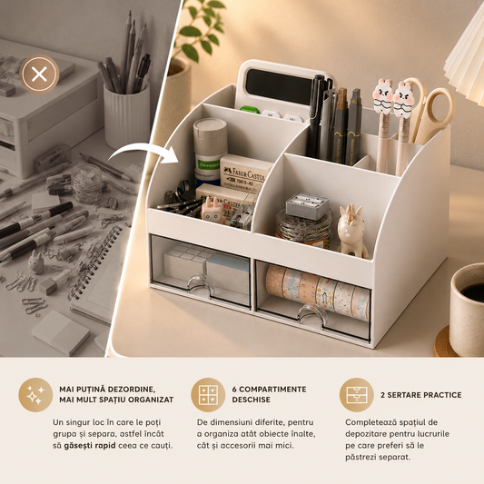 Organizator de Birou Multifuncțional cu 2 Sertare și 6 Compartimente, pentru Rechizite, Cosmetice și Accesorii, 21 × 14 × 12 cm, Alb