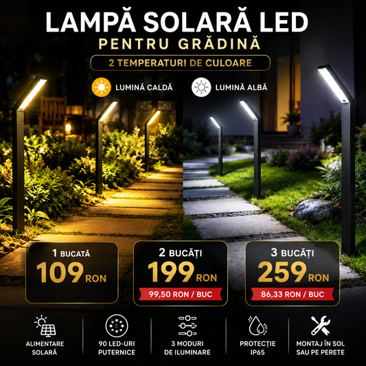 Lampă Solară LED pentru Grădină, 90 LED-uri, 3 Moduri de Iluminare, IP65, Montaj în Sol sau pe Perete, Înălțime 1 m, Negru