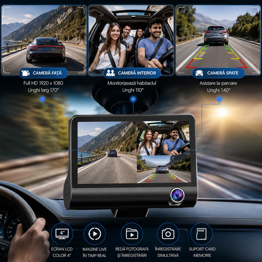 Cameră de Bord Auto 3 în 1, Cameră Față Full HD + Interior + Spate, Ecran LCD 4”, G-Sensor, Mod Parcare, Înregistrare în Buclă, Cameră Marșarier IP69