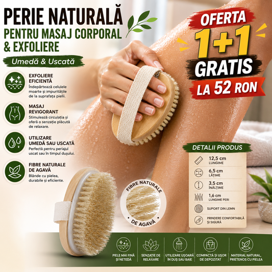 1+1 GRATIS Perie Naturală pentru Masaj Corporal și Exfoliere, Utilizare Umedă/Uscată, Lemn și Fibre Naturale