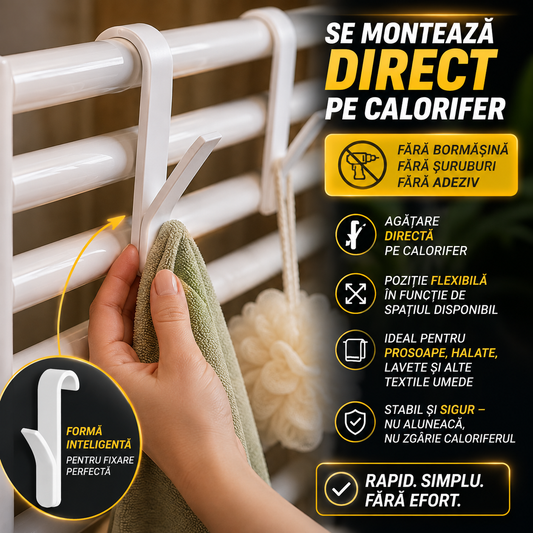 Set 2 + 2 GRATIS Cârlige pentru Calorifer, Suport pentru Prosoape și Accesorii, Fără Găurire