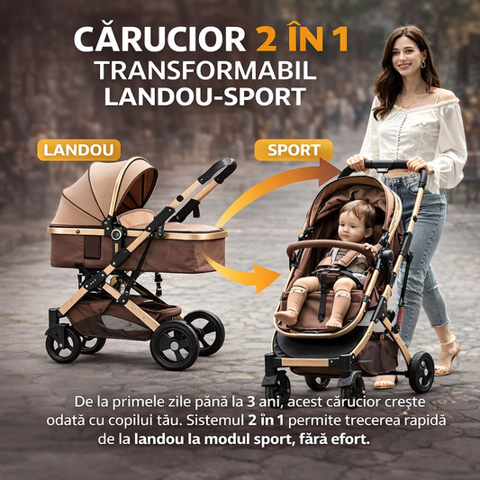 Cărucior 2 în 1 pliabil, 0–36 luni, transformabil landou-sport, suspensii complete, coș depozitare