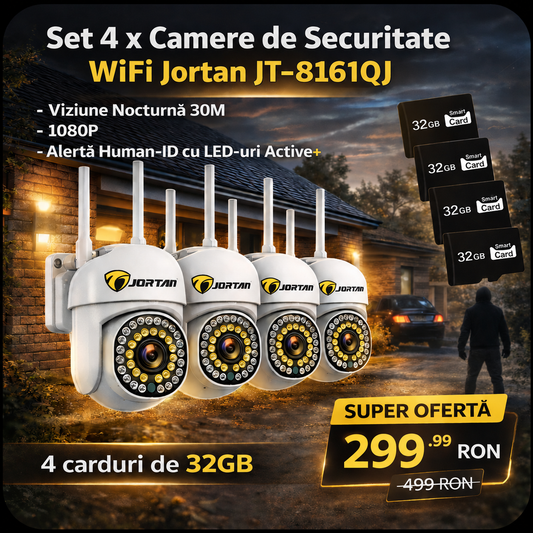 Set 4 x Camera de Securitate WiFi Jortan, Viziune Nocturnă 30M, 1080P + CADOU 4 carduri de 32gb