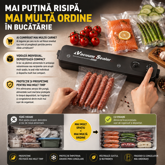 Aparat de Vidat Profesional 90W, Vacuum -60 kPa, Vidare și Sigilare Automată + 10 Pungi Cadou