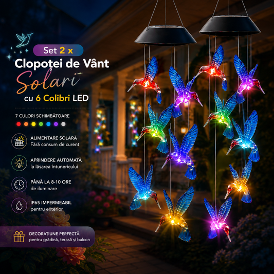 Set 2 x Clopoței de Vânt Solari cu 6 Colibri LED, 7 Culori Schimbătoare, IP65, Iluminare Automată, pentru Grădină și Terasă