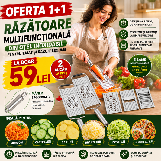 OFERTA 1+1 - Răzătoare Multifuncțională cu 3 lame din Oțel Inoxidabil pentru Tăiat și Răzuit Legume