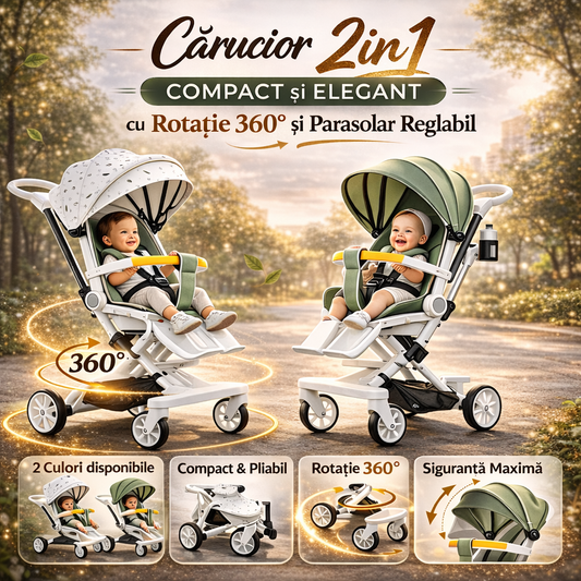 Cărucior 2in1 Compact și Elegant cu Rotație 360° și Parasolar Reglabil