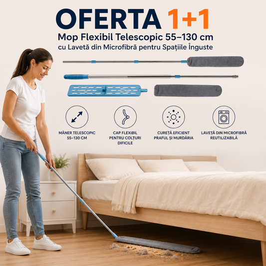 OFERTA 1+1 Mop Flexibil Telescopic 55–130 cm cu Lavetă din Microfibră pentru Spațiile Înguste
