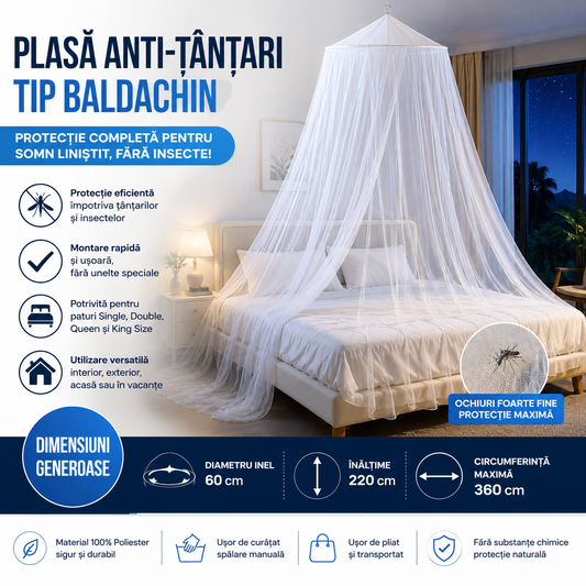OFERTA 1+1 Plasă Anti-Țânțari Tip Baldachin pentru Pat 360 × 220 cm, Montare Suspendată, Protecție Completă Împotriva Insectelor