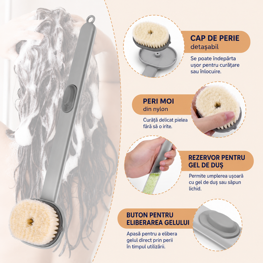 FERTA 1+1 - Perie de duș cu mâner lung 36cm și Dozator de Săpun pentru exfoliere