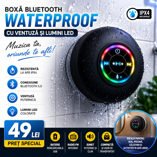 Boxă Bluetooth Portabilă Waterproof cu Ventuză și Lumini LED
