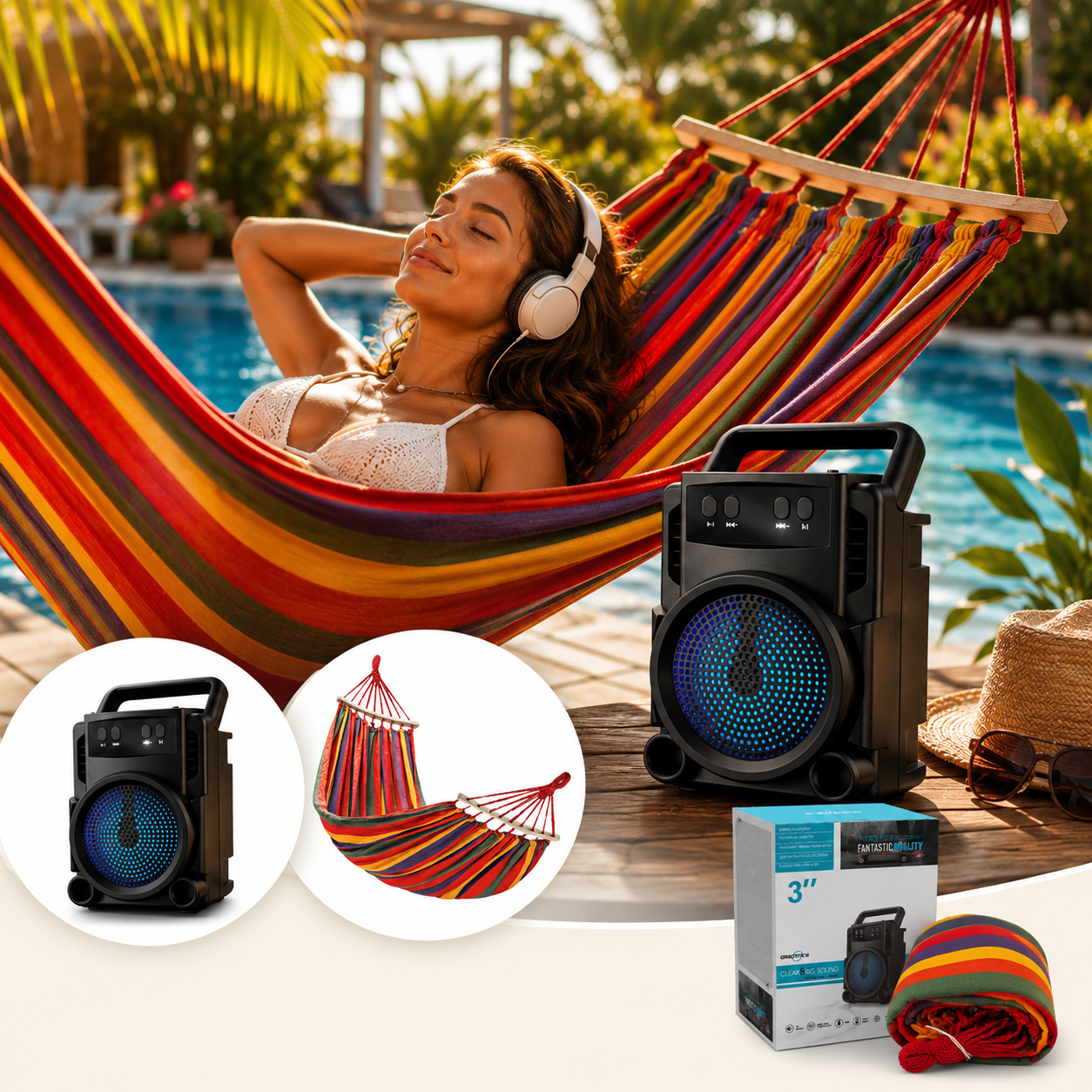 Pachet Relaxare de Vară – Hamac Multicolor + Boxă Bluetooth Portabilă GTS-1360