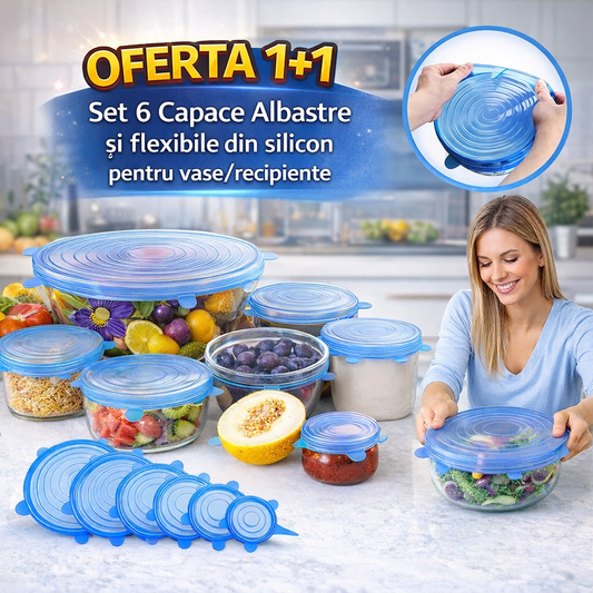 OFERTA 1+1 - Set 6 Capace Albastre si flexibile din silicon pentru vase/recipiente