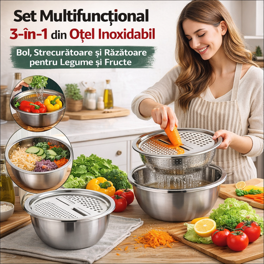 Set Multifuncțional 3-în-1 din Oțel Inoxidabil – Bol, Strecurătoare și Răzătoare pentru Legume și Fructe