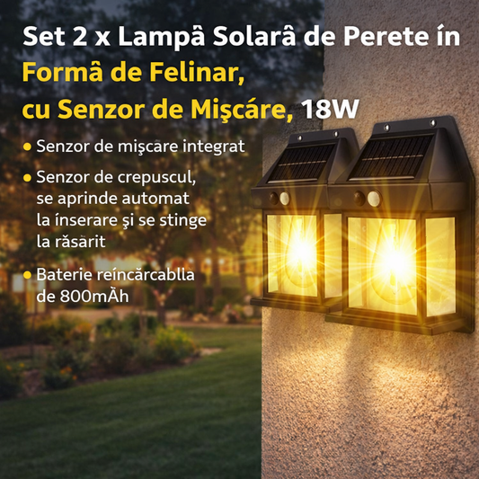 Set 2 x Lampa Solara de Perete în Formă de Felinar, cu Senzor de Mișcare, 18W