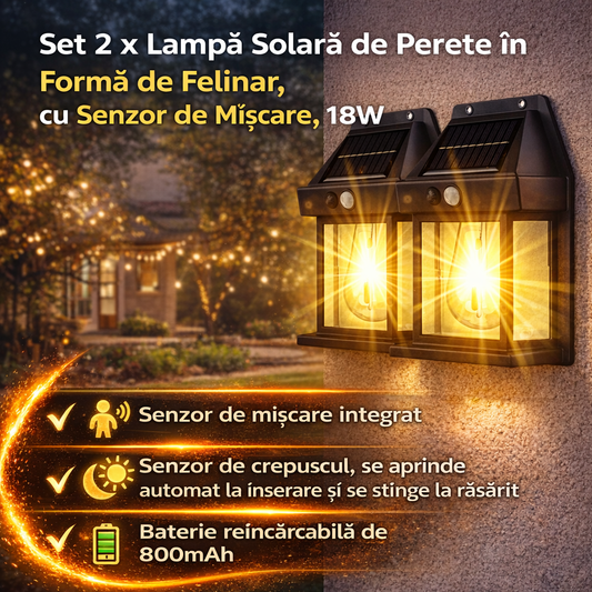 Set 2 x Lampa Solara de Perete în Formă de Felinar, cu Senzor de Mișcare, 18W