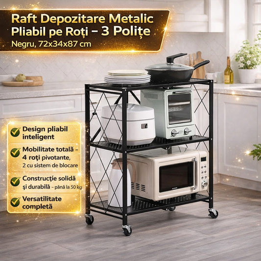 Raft Depozitare Metalic Pliabil pe Roți – 3 Polițe, Negru, 72x34x87 cm