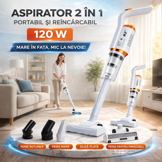 Aspirator de mana, vertical, 2 in 1, portabil, reîncărcabil, 120 W