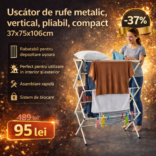 Uscător de rufe metalic, vertical, pliabil, alb, 37x75x106 cm