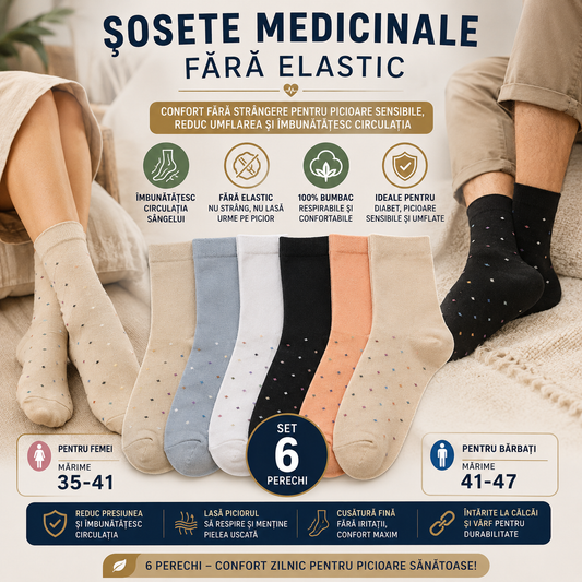 Set 6 Perechi Sosete medicinale fara elastic din 100% bumbac pentru probleme de circulatie a sangelui